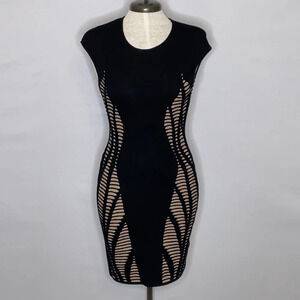 RVN Black & Gold Knit Cut Out Illusion Bodycon Sleeveless Mini Dress - Medium